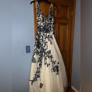 White prom dress with navy blue sequin dress